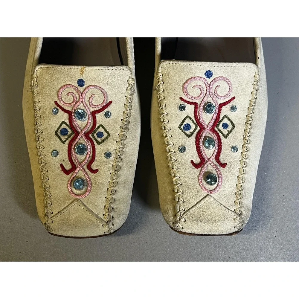 Bruno Magli Shoes Womens EU 36 Beige Suede Loafers‎ Flats Embroidered Rhinestone